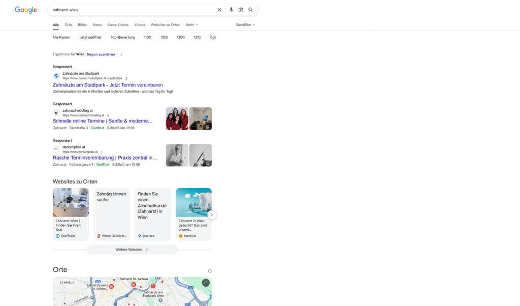 Suchergebnis bei Google für die Suche nach einem Zahnarzt in Wien. Die Google Anzeigen werden prominent als erstes angezeigt.
