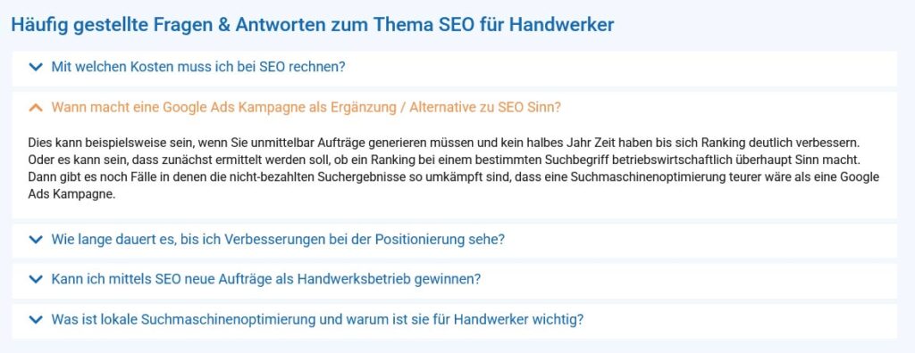 Beispiel FAQs Darstellung: Auf unserer Agentur-Webseite integrieren wir FAQs benutzerfreundlich, suchmaschinenoptimiert und platzsparend