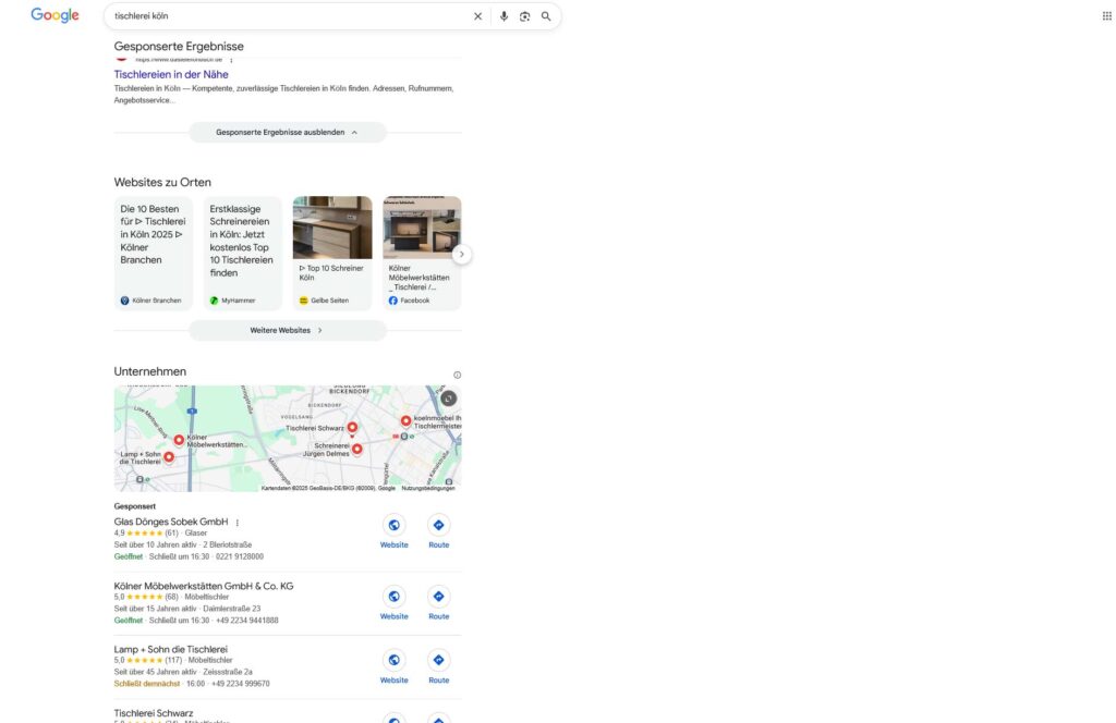 Bei einer Google-Suche nach „Tischlern” in Köln wird auch eine Karte mit Betrieben prominent in den Ergebnissen angezeigt.